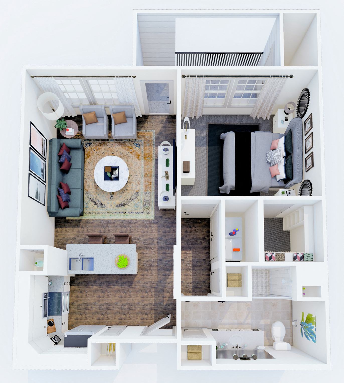 Floor plan for 1 bed, 1 bath, 727 sqft